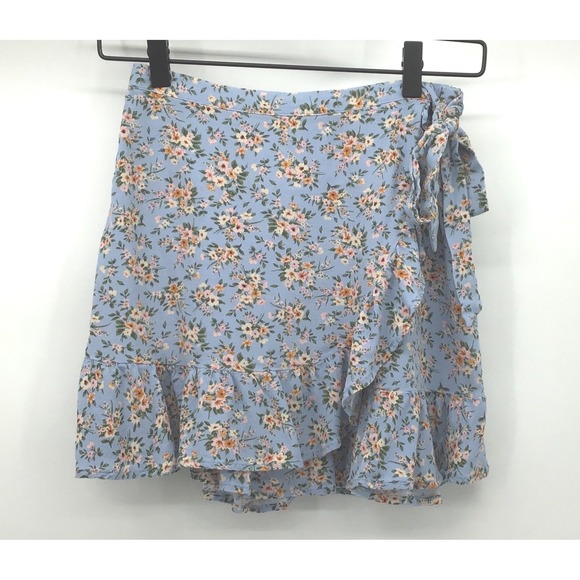 American Eagle Outfitters Dresses & Skirts - American Eagle Blue Floral Ruffle Mini Wrap Skirt Small Elastic Back Boho Summer